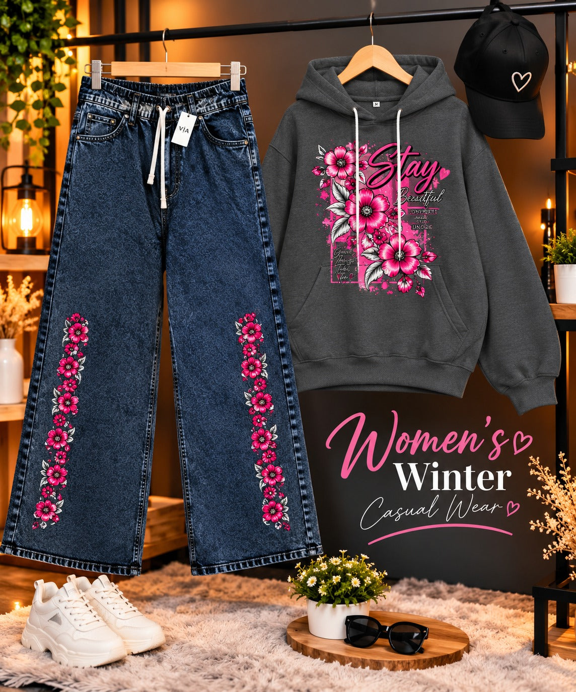 Women's charcoal winter hoodie set with embroidered baggy jeans and cap