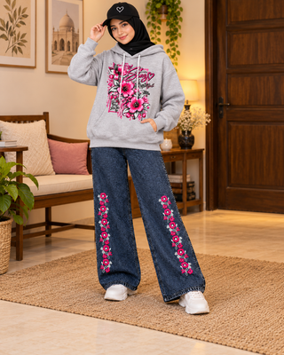 Women’s Winter DTF Hoodie Set with Embroidered Baggy Jeans & Cap – Light Grey