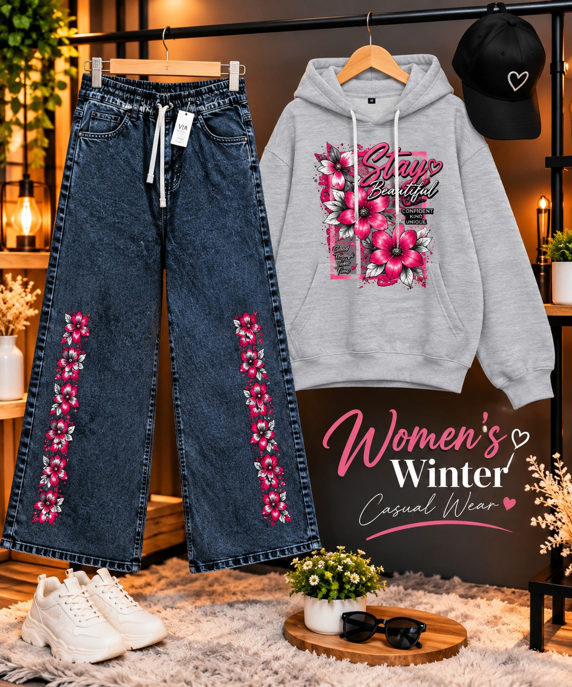 Women's light grey winter hoodie set with embroidered baggy jeans and cap