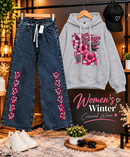 Women's light grey winter hoodie set with embroidered baggy jeans and cap