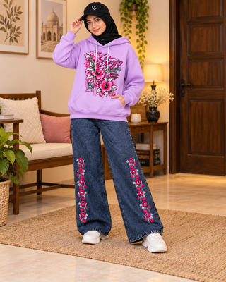 Women’s Winter DTF Hoodie Set with Embroidered Baggy Jeans & Cap – Lilac
