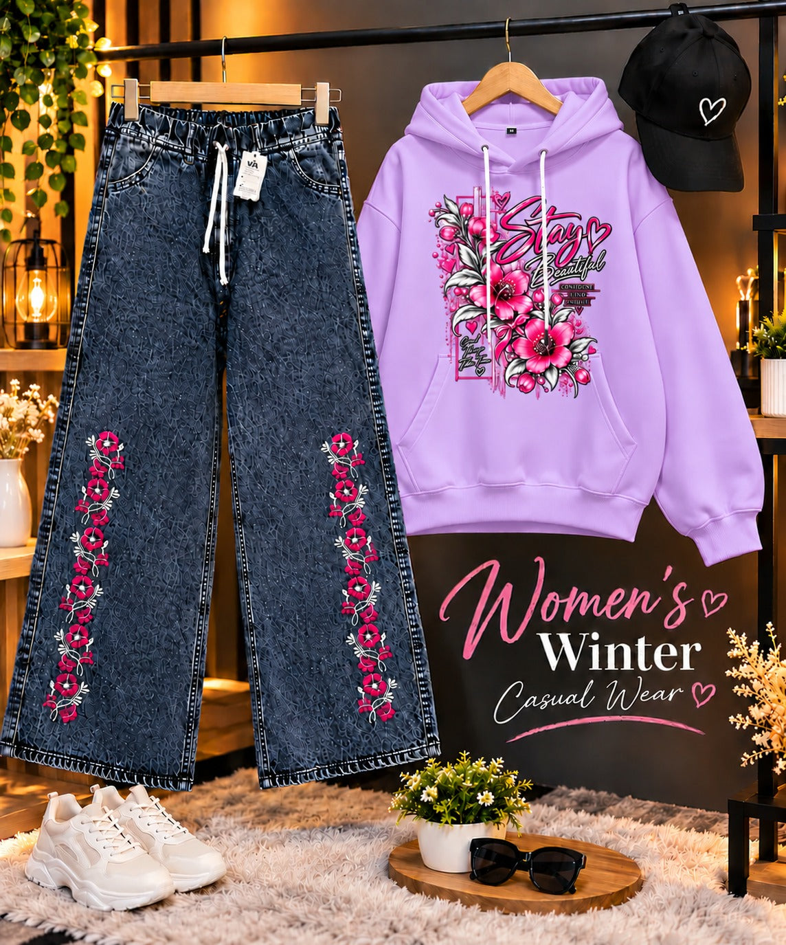 Women's lilac winter hoodie set with embroidered baggy jeans and cap