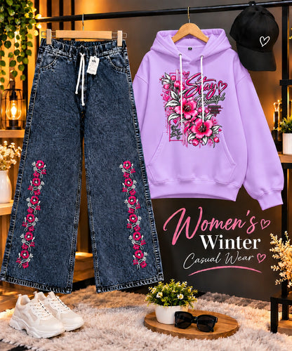 Women's lilac winter hoodie set with embroidered baggy jeans and cap