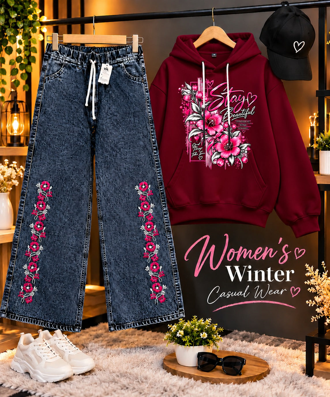 Women's maroon winter hoodie set with embroidered baggy jeans and cap