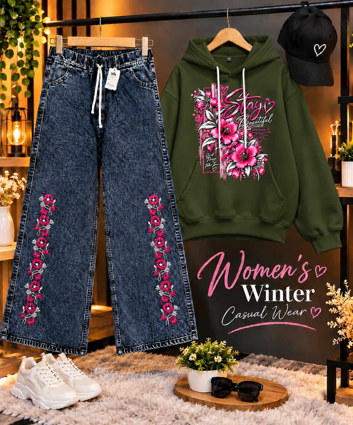 Women's olive green winter hoodie set with embroidered baggy jeans and cap