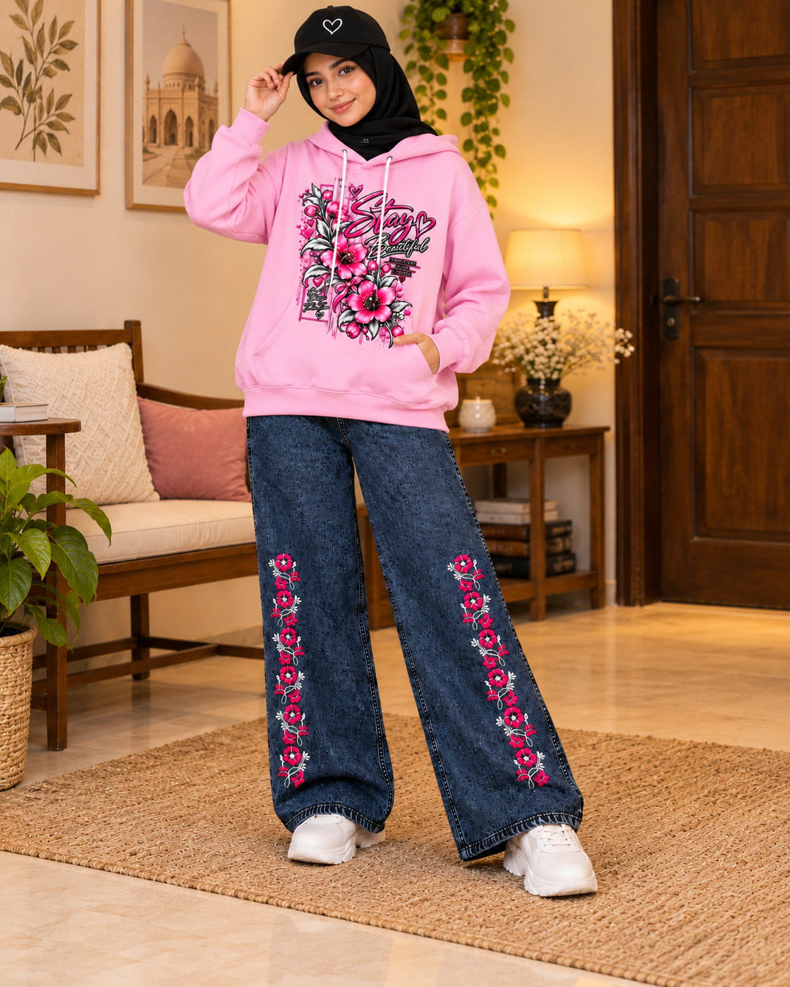 Pakistani modest lifestyle view of pink women's winter hoodie set