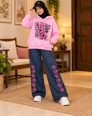 Women’s Winter DTF Hoodie Set with Embroidered Baggy Jeans & Cap – Pink