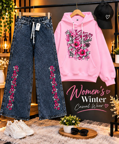 Women's pink winter hoodie set with embroidered baggy jeans and cap
