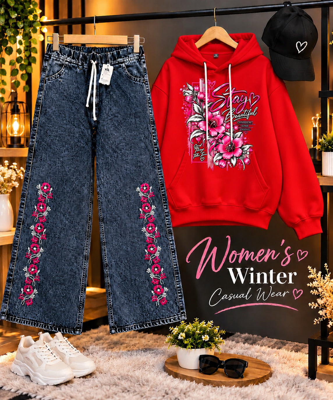 Women's red winter hoodie set with embroidered baggy jeans and cap