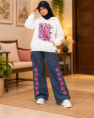 Women’s Winter DTF Hoodie Set with Embroidered Baggy Jeans & Cap – White