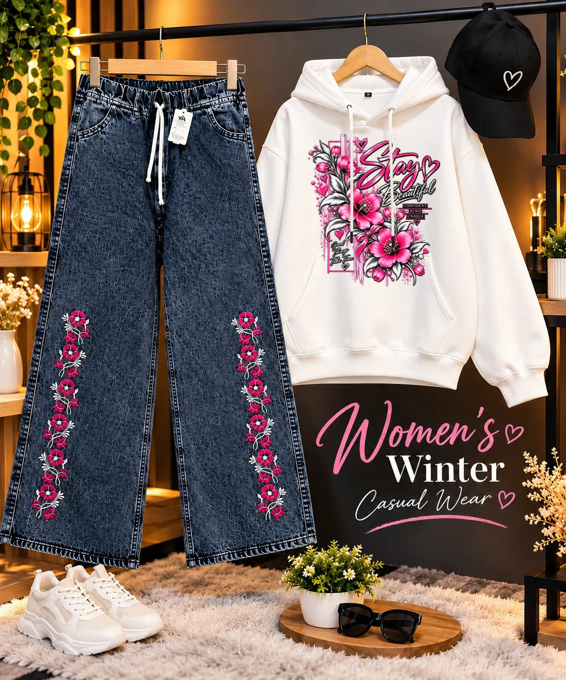 Women's white winter hoodie set with embroidered baggy jeans and cap