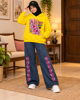 Women’s Winter DTF Hoodie Set with Embroidered Baggy Jeans & Cap – Yellow