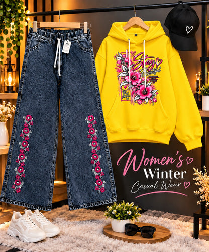 Women's yellow winter hoodie set with embroidered baggy jeans and cap