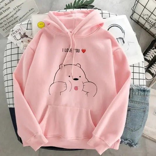 Women's I Love You Bear Printed Fleece Hoodie - GiftCity