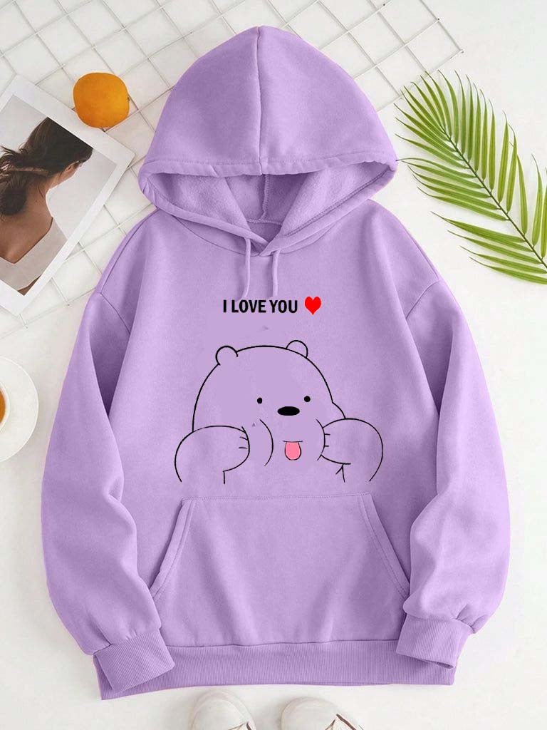 Women's I Love You Bear Printed Fleece Hoodie - GiftCity