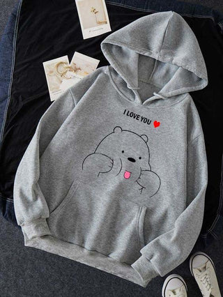 Women's I Love You Bear Printed Fleece Hoodie
