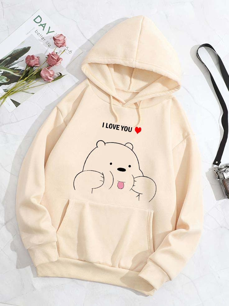 Women's I Love You Bear Printed Fleece Hoodie - GiftCity